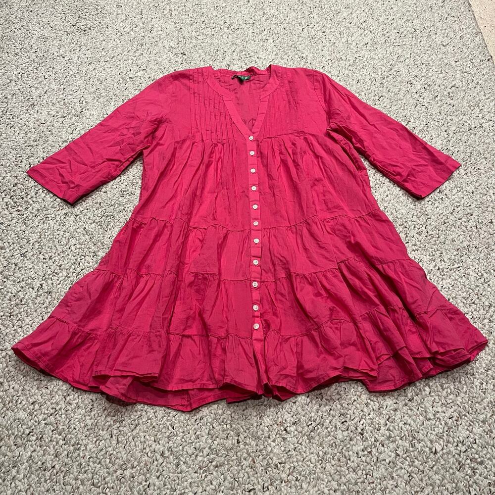 J Crew Button Front Tiered Cover Up Dress M Pink Feminine Coastal Coquette